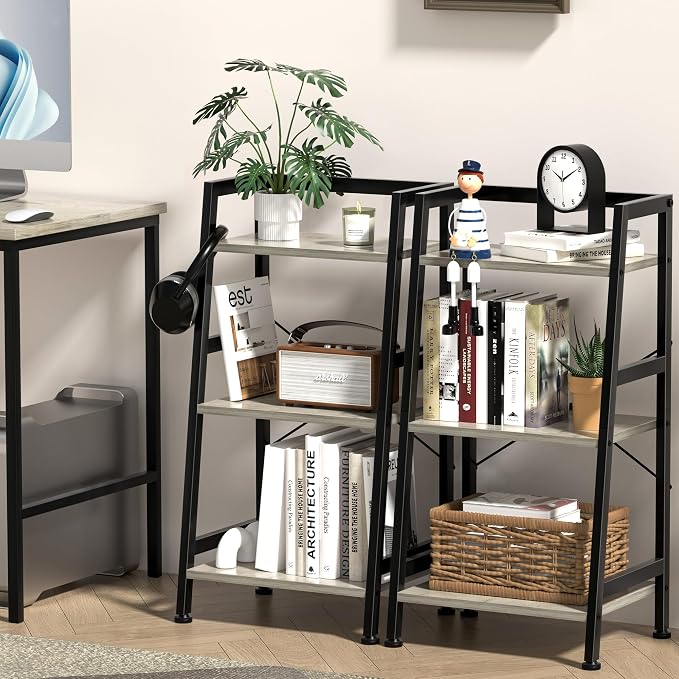 3-Tier Bookshelf, Ladder Shelf, Stand up Shelves, Industrial Bookcase with Steel Frame, Metal Small Bookcase, for Living Room, Home Office, Kitchen, Bedroom, Industrial Style（Greige & Black）