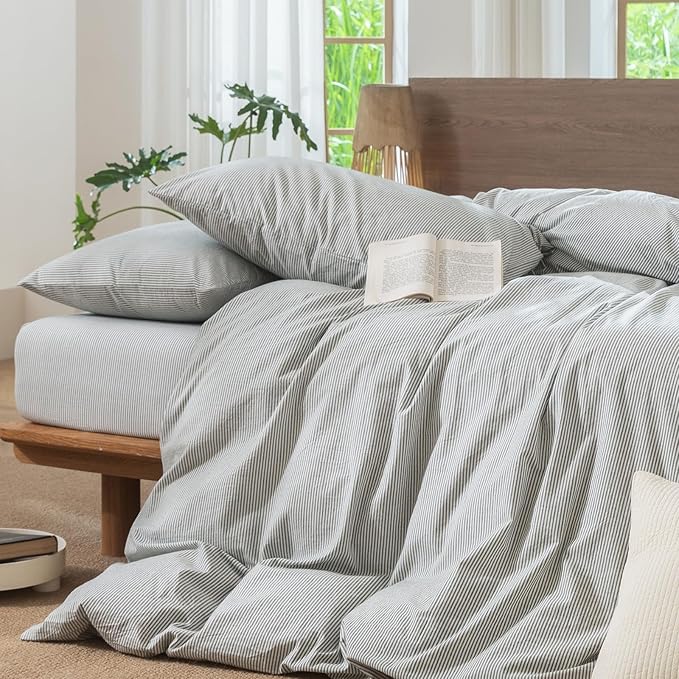 MooMee Striped Duvet Cover Set 100% Washed Cotton Linen Like Textured Breathable Durable Soft Comfy (Heathered Green Pinstripes, King 104"x90")