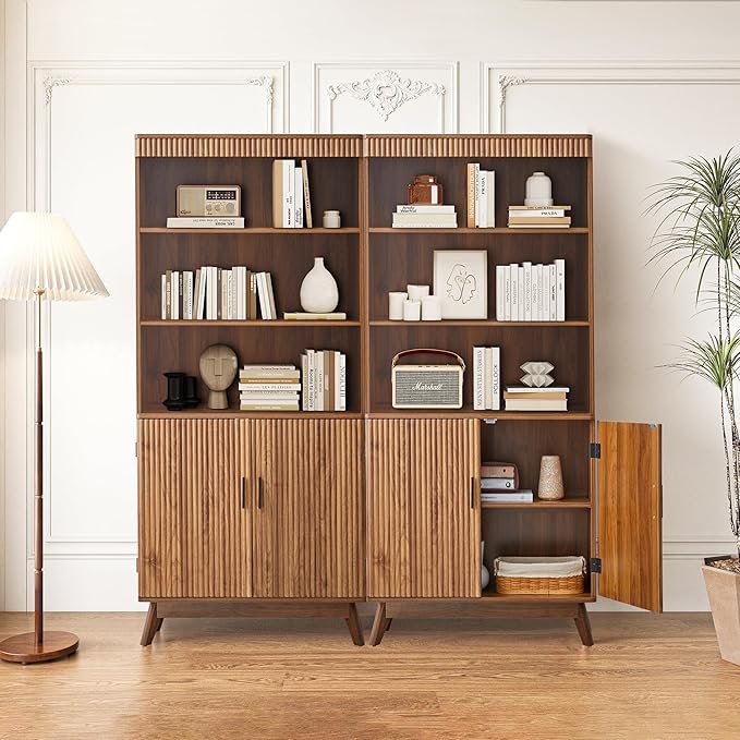 68" Fluted Tall Bookcase with Storage Cabinet,Mid-Century Modern 5-Tiers Arched Bookshelf Cabinet with Doors, Arched Bookcase with Open Display Storage Shelf for Home Office Bedroom Living Room,Walnut