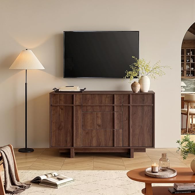 Sideboard Buffet Cabinet with Storage, 47.2" Large Sideboard with 2 Doors& 3 Drawers, Mid Century Modern Credenza with Skeleton line&Wood Grain for Living Room, Kitchen and Entryway, Walnut