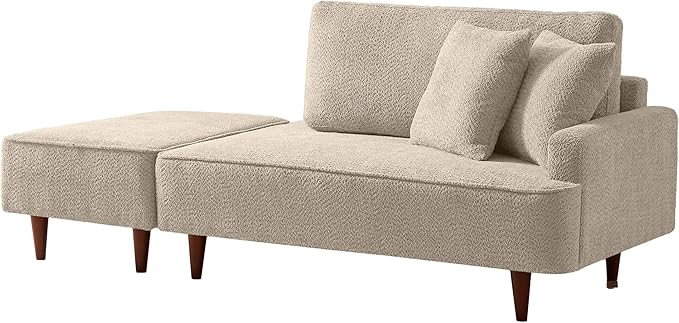 GDFStudio Upholstered Chaise Lounge Chair Indoor with Ottoman, Boucle Fabric Chaise Chair with 2 Throw Pillows and Solid Wood Legs, Recliner Lounge Chair for Office Living Room Bedroom, Camel