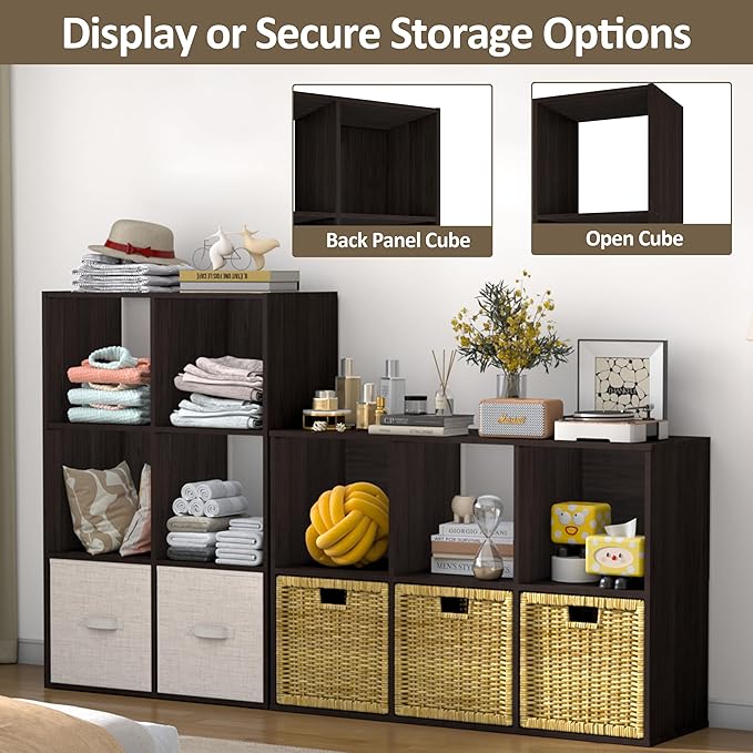 PrimeZone Stackable 6 Cube Storage Organizer: Wood Cubes Shelf Fits Cubby Bins - Square Cubicle Bookshelf Cabinet for Closet Bedroom - Open Storage Shelf for Toy Clothes Book Organization, Espresso