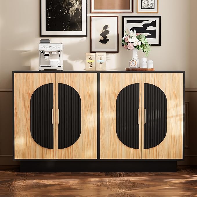 58" Fluted Modular Buffet Cabinet with Storage, Modern Sideboard Credenza w/Adjustable Shelves, Large Coffee Bar Media TV Console Table for Living Room/Dining Room/Kitchen/Entryway, Natural