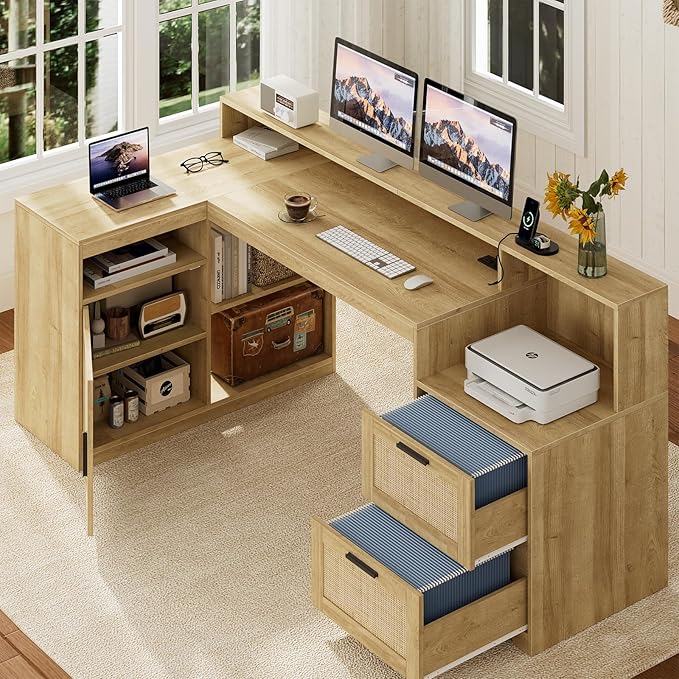 TVU Farmhouse L Shaped Desk with Drawers, 62.2" Home Office Desk with Storage Shelves and Power Outlet, L Shaped Computer Desk with Monitor Stand and Printer Shelf, Oak/Rattan