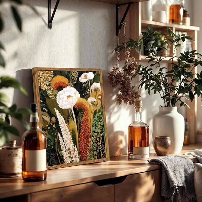 Framed Vintage Floral Canvas Wall Art, Abstract Flower Pictures Wall Decor, Boho Wildflower Botanical Paintings Prints Mid Century Modern Home Decor Aesthetic for Living Room Bedroom 12x16 inch