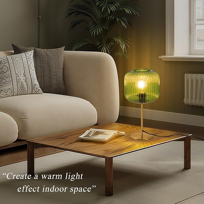 Vintage Glass Table Lamps, Small Green Bedside Table Lamp with Plug-in Style, Mid Century Modern Globe Nightstand Lamp for Bedroom, Gold Desk lamp for Bedroom Living Room Office