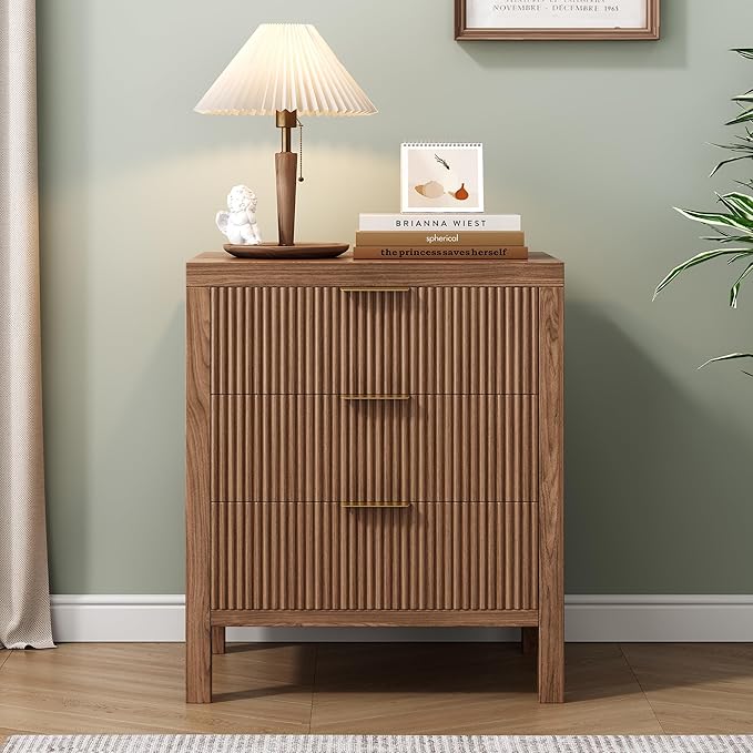 Nightstand with 3 Drawers, Dresser and Nightstand Sets, Bedside Tables, Mid Century Nightstands with 3 Wide Drawers for Bedroom, Kids’ Room, Hallway - Walnut