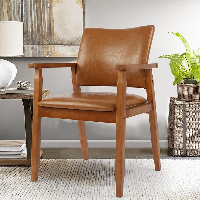 NOBPEINT Mid-Century Dining Side Chair with Faux Leather Seat in Brown, Arm Chair in Walnut