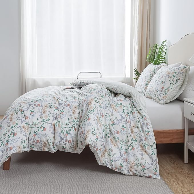 HoneiLife Cotton Duvet Cover King - Botanical Comforter Cover, 3-PC Bedlinen for Set with Zipper Closure & Corner Ties, Sweat-Absorption Comforter Cover Sets, Desert Rose