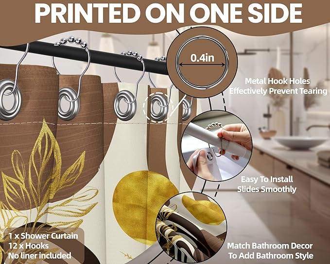 Mid Century Modern Black and Brown Shower Curtain Boho Beige and Dark Tan Gold Shower Curtains for Mens Bathroom Decor Sets, Waterproof Cloth Fabric with Hooks, 70x84in