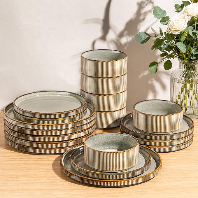 GBHOME 18-Piece Stoneware Dinnerware Set for 6 – Ribbed Ceramic Plates and Bowls, Scratch-Resistant, Microwave & Dishwasher Safe, Reactive Glaze, Reactive Glaze Green Wheat