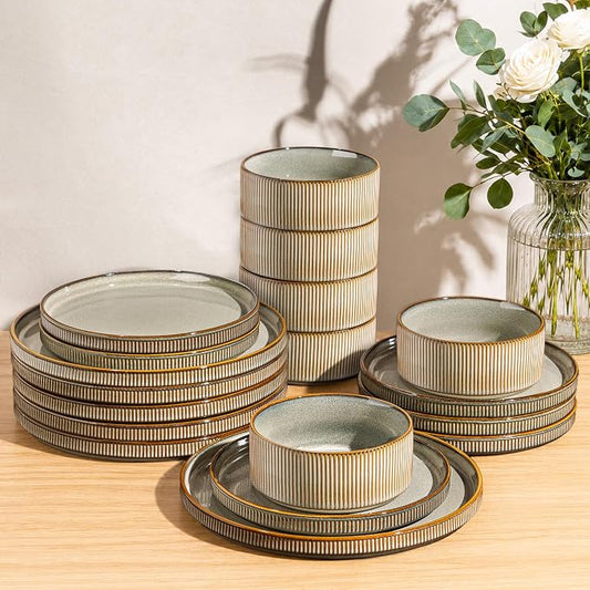 GBHOME 18-Piece Stoneware Dinnerware Set for 6 – Ribbed Ceramic Plates and Bowls, Scratch-Resistant, Microwave & Dishwasher Safe, Reactive Glaze, Reactive Glaze Green Wheat