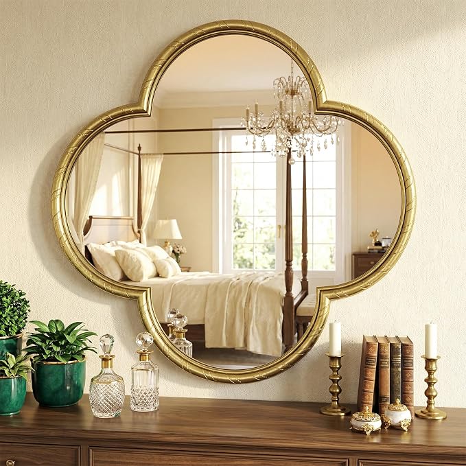 Vintage Wall Mirror Decor - 31.5" Large Antique Gold Four-Leaf Clover Mirror with Rope-Like Frame, Wall Decorative Mirrors for Living Room, Bedroom, Fireplace, Bathroom