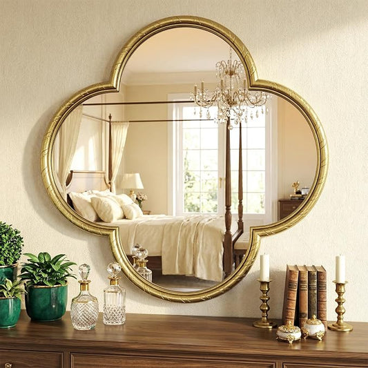 Vintage Wall Mirror Decor - 31.5" Large Antique Gold Four-Leaf Clover Mirror with Rope-Like Frame, Wall Decorative Mirrors for Living Room, Bedroom, Fireplace, Bathroom