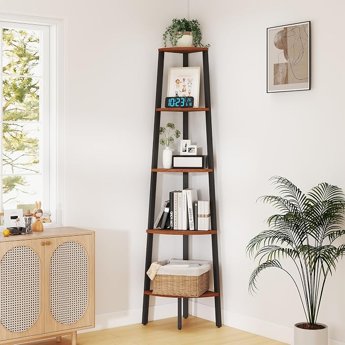 Corner Shelf, 5 Tier Ladder Corner Bookshelf, Display and Bookshelf Stand Unit, Anti Tip Feature, Space Saving, Ideal for Plants, Books, Living Room, Bedroom, Walnut