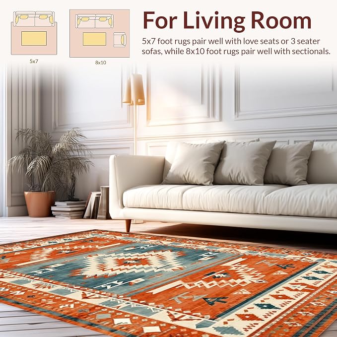 9'x12' Washable High Traffic Area Rug, Stylish Southwestern with Warm Hues and Unique, Flatwoven Area Rugs for Living Room, Bedroom (Red,9x12)