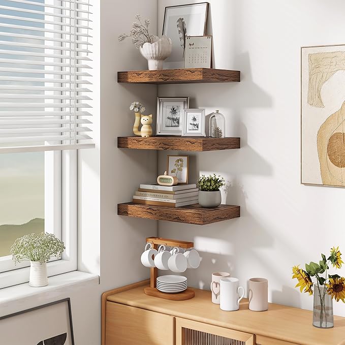 Fun Memories Floating Shelves for Wall - 10 x 16 Floating Shelf - Rustic Wood Storage Shelf - Wall Shelves with Invisible Bracket - 16" Bookshelves for Living Room & Bedroom - Rustic Brown - Set of 2