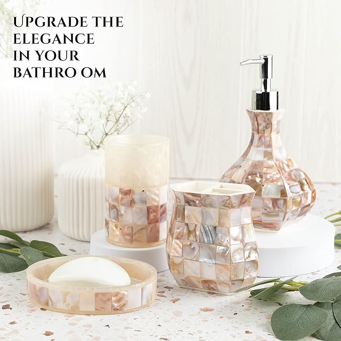 Milano Toothbrush Cup - Electric Toothbrush Holder for Bathroom fits Toothbrushes and Toothpaste - Bathroom Tumbler Cup Finished with Beautiful Mother of Pearl Shells