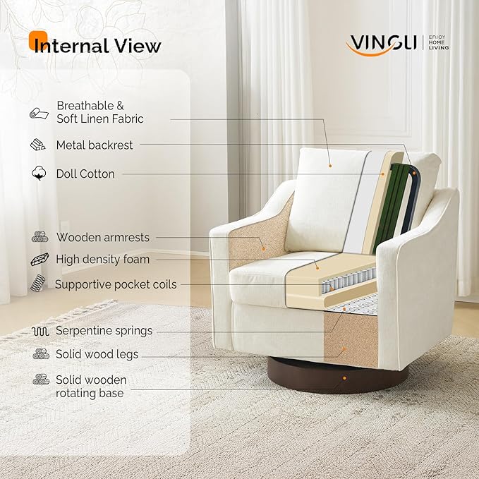 VINGLI Mid-Century Modern Swivel Accent Chairs Set of 2, 360°Upholstered Armchairs, Home Sofa with Track Arms for Living Room, Bedroom, Reading Room, Club Swivel Chairs, Chenille Beige