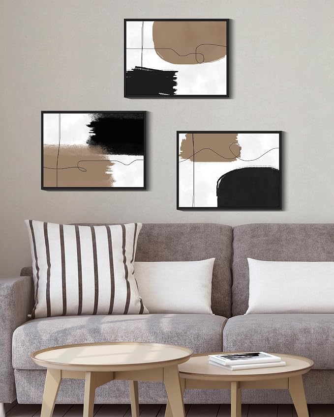 KUVIOKE Neutral Abstract Framed Wall Art Beige Mid Century Textured Wall Decor Minimalist Line Modern Illustrations Art Print Home Decor 11x14in (Black Framed)