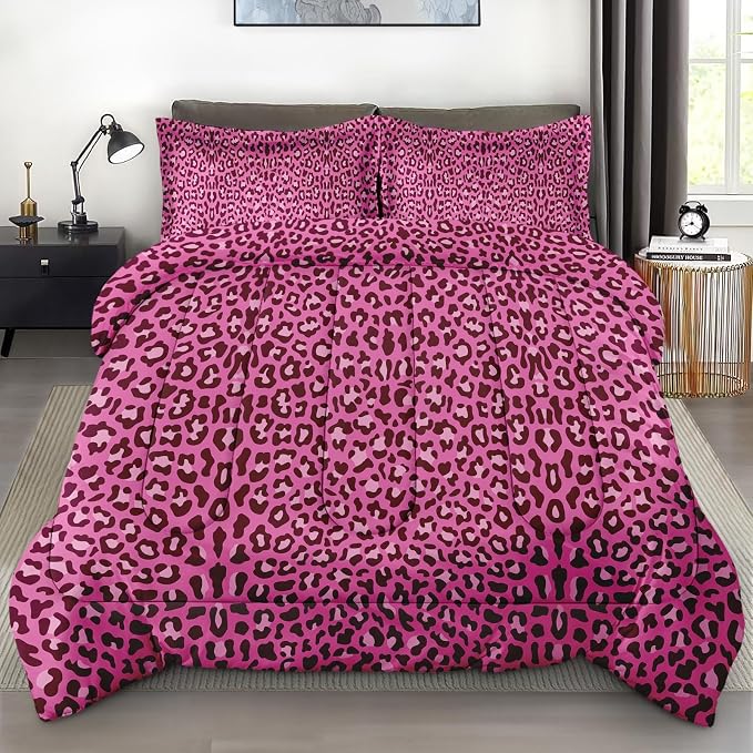 Comforter Set with 2 Pillowcases Queen Size, Pink Leopard Cheetah Print, Bed Decor Wildlife Animal Skin for Kids and Adults, Soft Cozy Bedroom Bedding Set