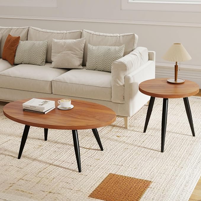2-Piece Nesting Coffee Table Set, Oval & Round Mid-Century Modern Side Tables with MDF Tabletop & Metal Tapered Legs, Accent Table Set for Living Room, Small Spaces, Walnut