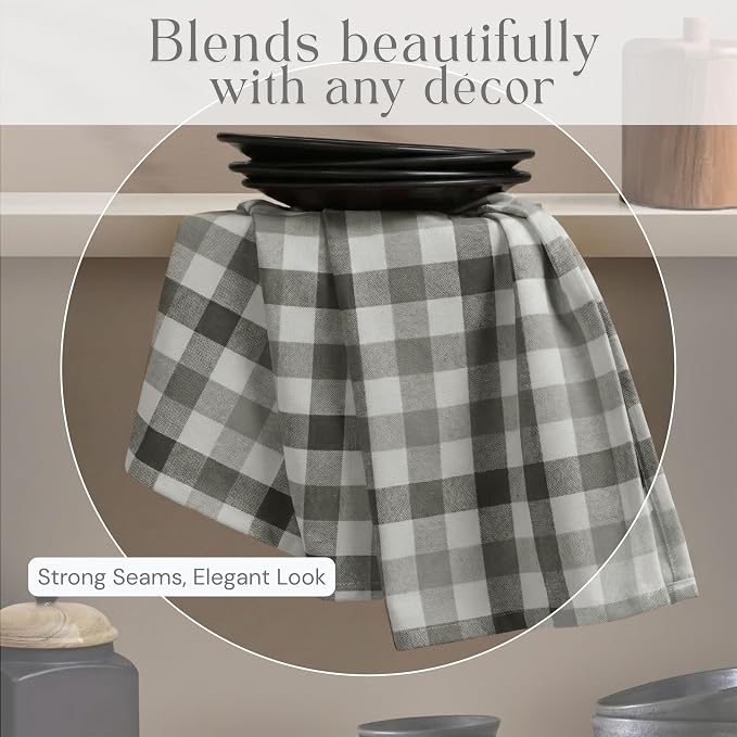 Checked Kitchen Towels 12 Pack, 18x26 Inches, Absorbent Dish Cloths, Reusable and Washable Tea Towels for Drying and Cleaning, Quick Dry Wash Rags - Light & Grey, Natural