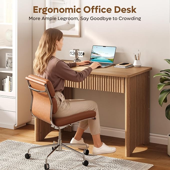 Bestier 40 Inch Fluted Wood Computer Desk with Drawers, Modern Home Office Desk, Compact Writing Desk, Laptop PC Desk for Bedroom, Studio, Study Room, Small Space & Dorm