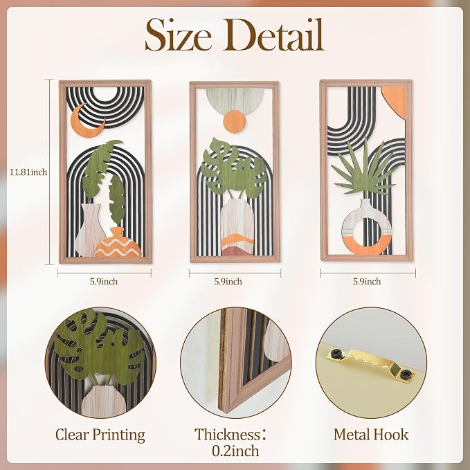 Boho Wall Art Set of 3, Modern Minimalist Leaf Wall Decor, Abstract Geometric Wooden Artwork for Living Room Bedroom Office, Mid Century Modern Decor (Contemporary Style - 11.8 x 5.9 inch)