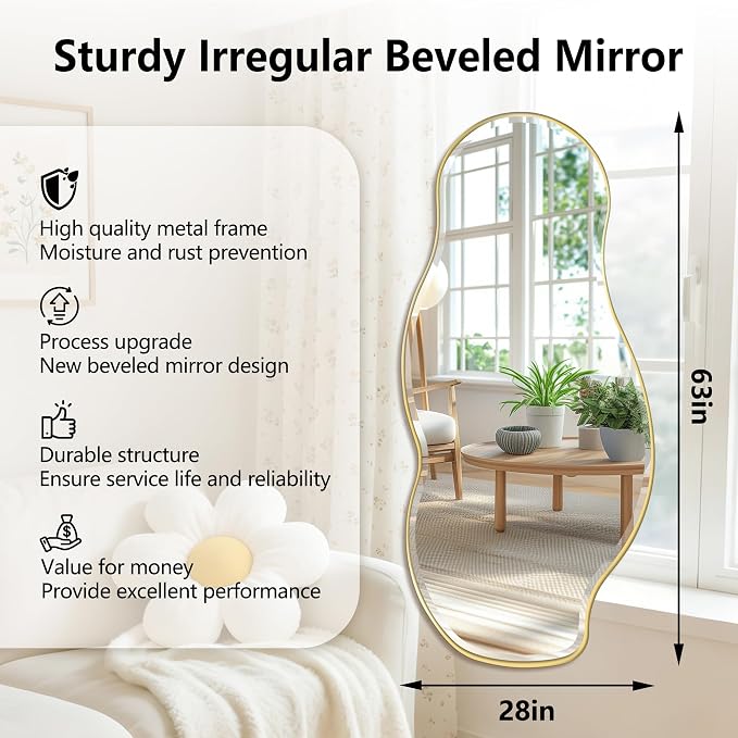 POZINO Large Irregular Beveled Mirror, 63"x28.5" Asymmetrical Full Length Mirror with Gold Metal Frame, Organic Shape Wall Mirrors for Entryway Living Room Bathroom, Horizontal/Vertical Hanging