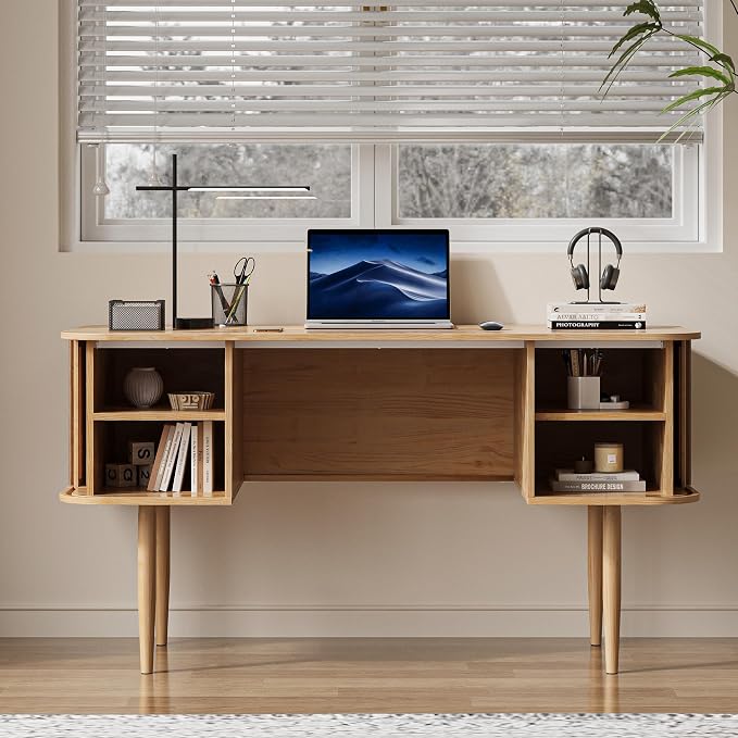 MAISONARIA 55" Modern Writing Desk with Storage, Wood Home Office Desk with Sliding Doors, Computer Desk for Home Office, Dorm, Living Room, Home Study Table, Natural