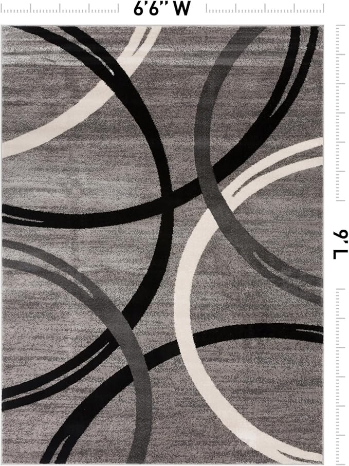 Rugshop Wavy Circles Design Area Rug, Fade-Resistant Carpet for Living Room, Dining Room, or Bedroom, Gray, 6'6" x 9'