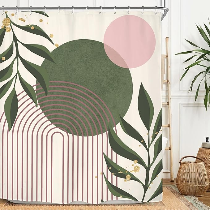 Miyotaa Abstract Minimalist Sage Green Pink Shower Curtain Set 60Wx71H Inches Aesthetic Modern Geometric Neutral Contemporary Plant Leaves Polyester Waterproof Bathroom Curtain with 12 Hooks