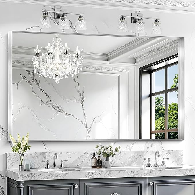 CIRCUMI Silver Bathroom Mirror, 36"x60" Rectangular Mirror with Deep Metal Frame, Brushed Finish, Tempered Glass, Large Mirror for Wall, Over 2 Sinks, Installed Vertically/Horizontally, Crystal-Clear