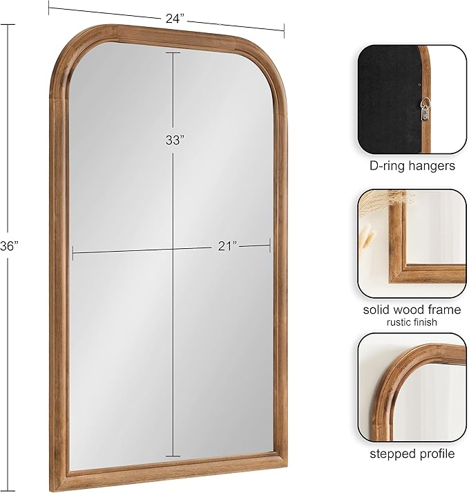 Kate and Laurel Glenby Transitional Arch Wall Mirror; 24 x 36; Rustic Brown; Wooden Farmhouse Arched Bathroom Mirror with Rounded and Stepped Frame Profile