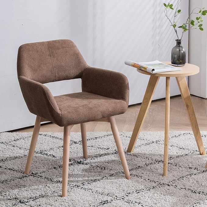 Desk Chair No Wheels Vanity Chair Comfy Accent Chair for Living Dining Room Bedroom Home Office Mid Century Modern Upholstered Armchair Sofa Chair (Brown, 1)