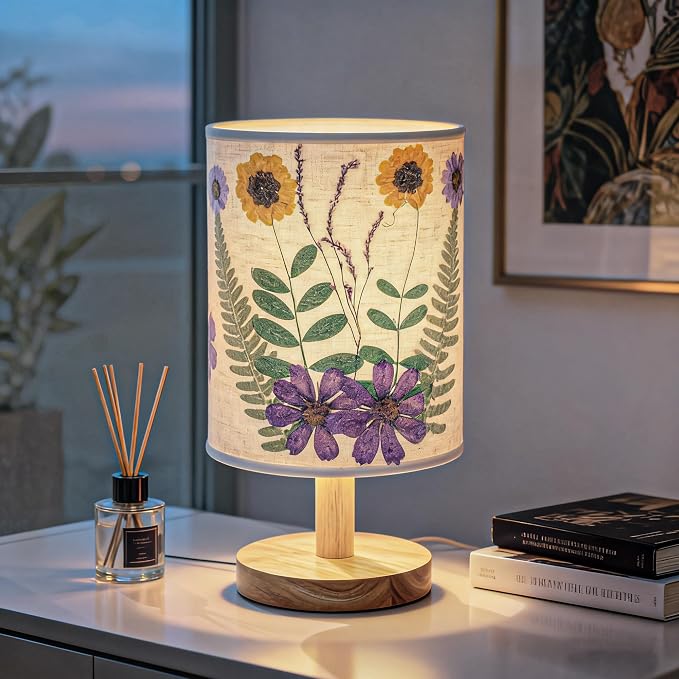 Artisan Crafted Floral Pressed Nightstand Lamp - Handmade Vintage Table Light with Adjustable Warm Glow for Bedroom, Office, or Living Room Decor (Purple)