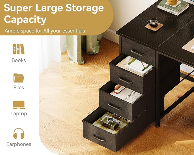 ODK 48 Inch Computer Desk with 8 Fabric Drawers, Modern Office Desk with Large Storage for Home Office, Study, Gaming, Black