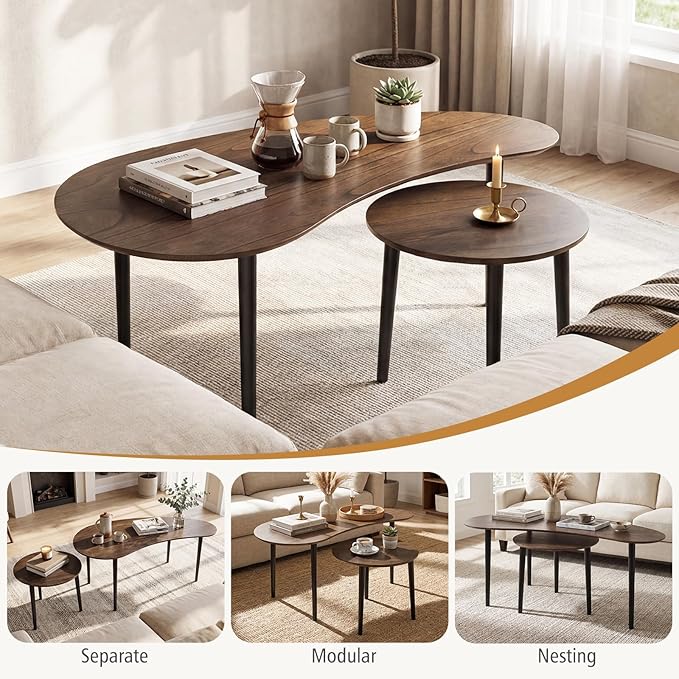 Giantex Nesting Tables Set of 2, Mid Century Modern Coffee Tables with Solid Wood Support Legs, Wood Side End Tables in Kidney & Round Shape for Living Room, Easy Assembly, Walnut