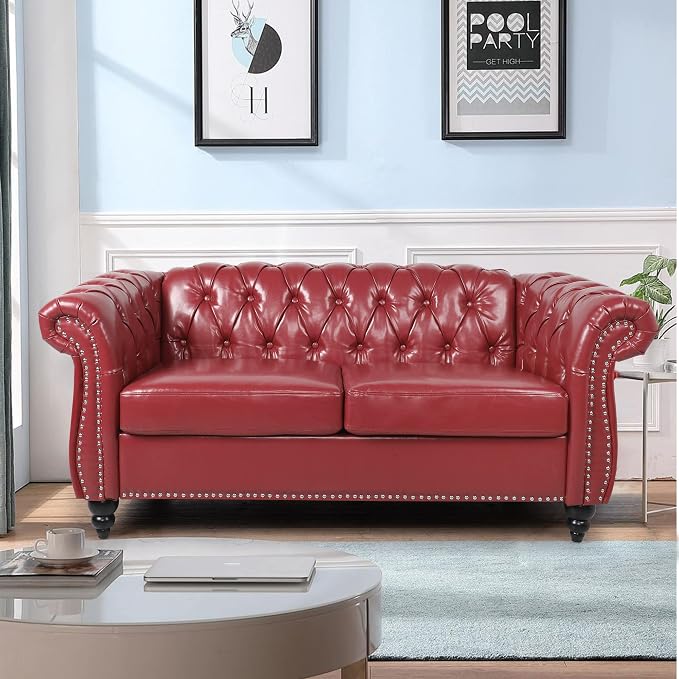 LEVNARY Leather Sofa, Chesterfield Tufted Upholstered 2 Seater Couch, Modern Loveseat Couch Classic Furniture for Living Room Bedroom (Wine Red)