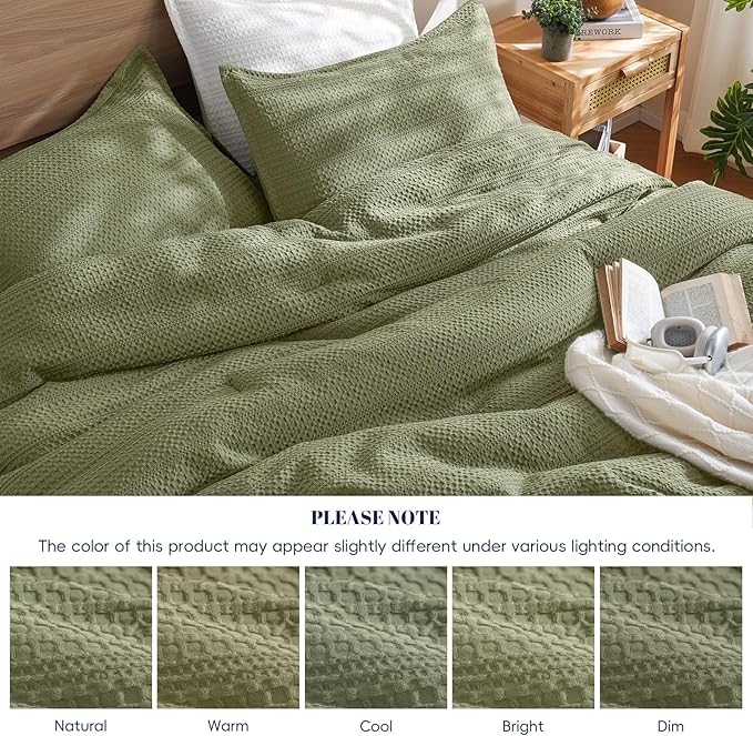 PHF Soft Waffle Comforter Set Twin Size- Comfy Breathable Waffle Weave Comforter with 1 Pillow Shams, 2 Pieces Less Snagging Lightweight Textured Bedding Set for All Season, Olive Green