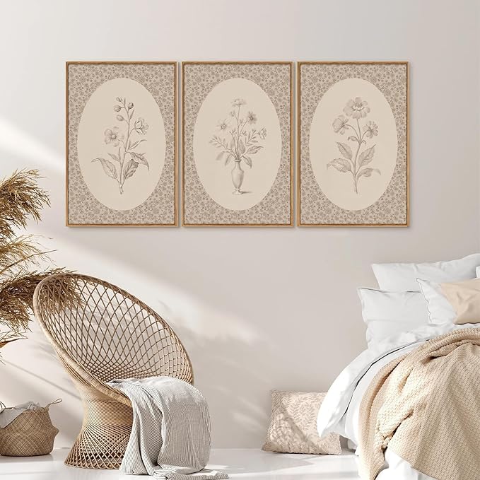 Rantodecor Vintage Flower Framed Canvas Wall Art Triptych, Rustic Floral Wall Decor, Retro Sketch Botanical Art Paintings, Antique French Cottage Artwork for Girls Bedroom Living Room Bathroom 16"x24"