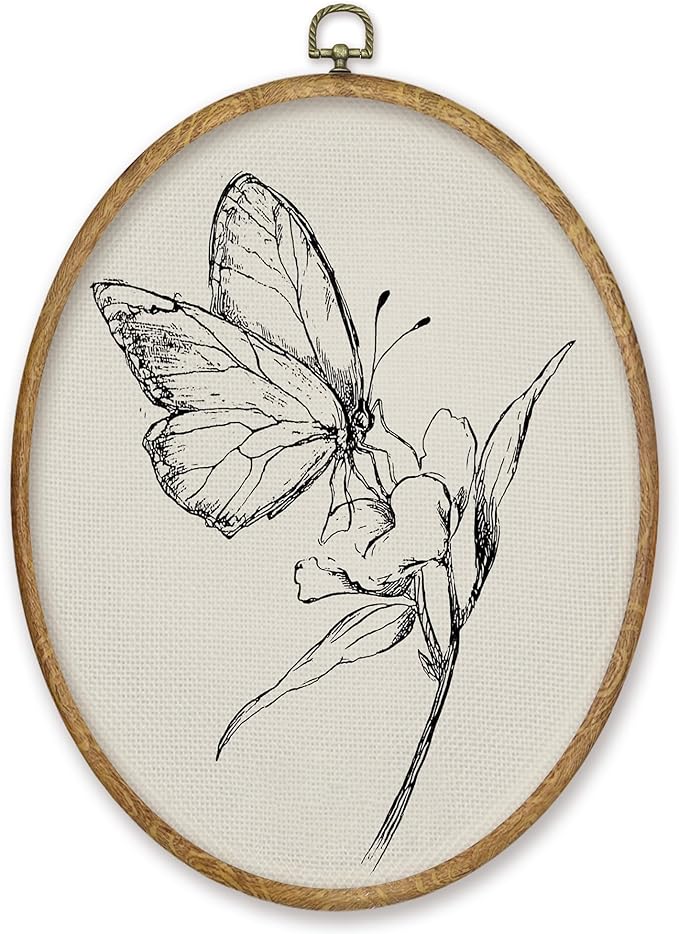 CGBHW Butterfly Floral Oval Wall Art Decor, Rustic Flora Canvas Prints Framed, Neutral Retro Farmhouse Botanical Wall Art Hanging Decor for Home Gallery Bedroom Living Room Decorations, 8.6x11.4 Inch