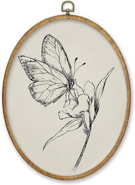 CGBHW Butterfly Floral Oval Wall Art Decor, Rustic Flora Canvas Prints Framed, Neutral Retro Farmhouse Botanical Wall Art Hanging Decor for Home Gallery Bedroom Living Room Decorations, 8.6x11.4 Inch