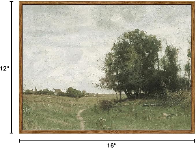 ARPEOTCY Vintage Framed Canvas Wall Art, The Path to the Village Country Scenery Retro Painting Decor Aesthetic Artwork, Country Landscape Wall Pictures for Living Room,12x16 Inch