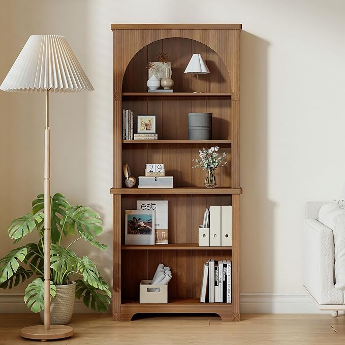 Janmer Home 71'' Tall Arched Bookshelf, Mid Century Modern Curved Bookcase with 5-Tier Storage Shelves, Freestanding Open Display Shelf for Home Office, Living Room (Walnut, 71inch-2PC)