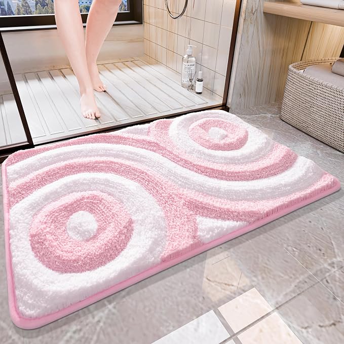 QJHOMO Pink and White Cute Bathroom Rugs Non Slip Bath Mat Modern Aesthetic Bathroom Decor, Geometric Striped Bath Rug Fluffy Floor Mats, Thick Microfiber Carpet Machine Washable (20x32 inch)