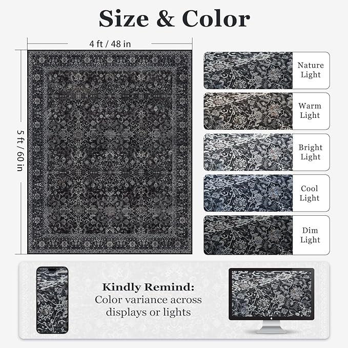 Dark 4x5 Area Rugs, Washable Throw Rugs with Rubber Backing for Kitchen Entryway, Low Pile Thin Throw Carpet Rug for Foyer/Nursery/Home Office/Living Room, Vintage Farmhouse Midnight