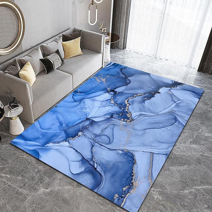 5x7 Area Rug Bule Gradient Ripple Art Non-Slip Kids Rug, Abstract Blue Waves Marble Upholstery Rug with Non-Slip Backing for Kids Boys Girls Bedroom Living Room Dining Room Study