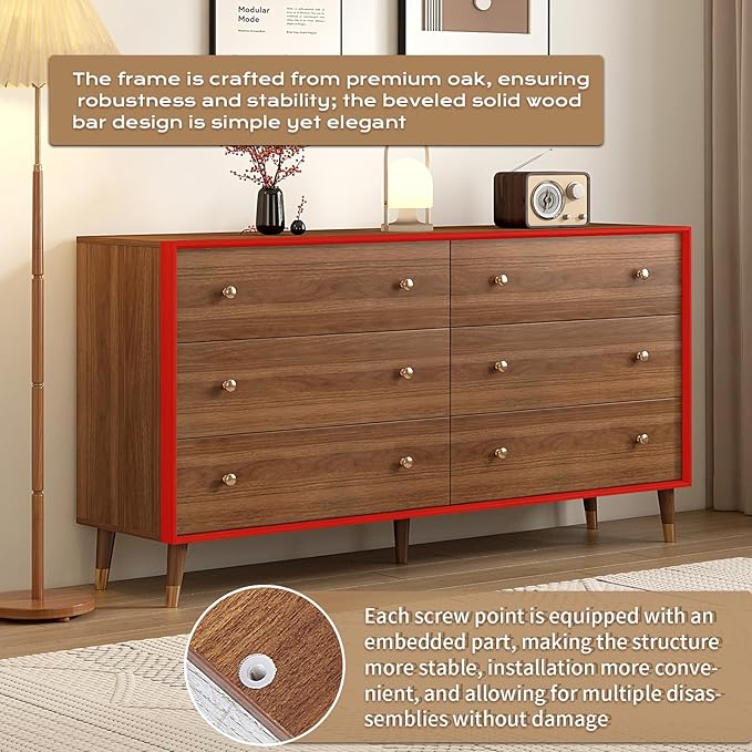 6 Drawer Dresser For Bedroom, 2PCS 55 Inch Dresser for Closet, Mid Century Walnut Dressers with Natural Texture & Pre-Embedded Slots for TV Stand, Living Room, Hallway, Office,Easy to Assembly